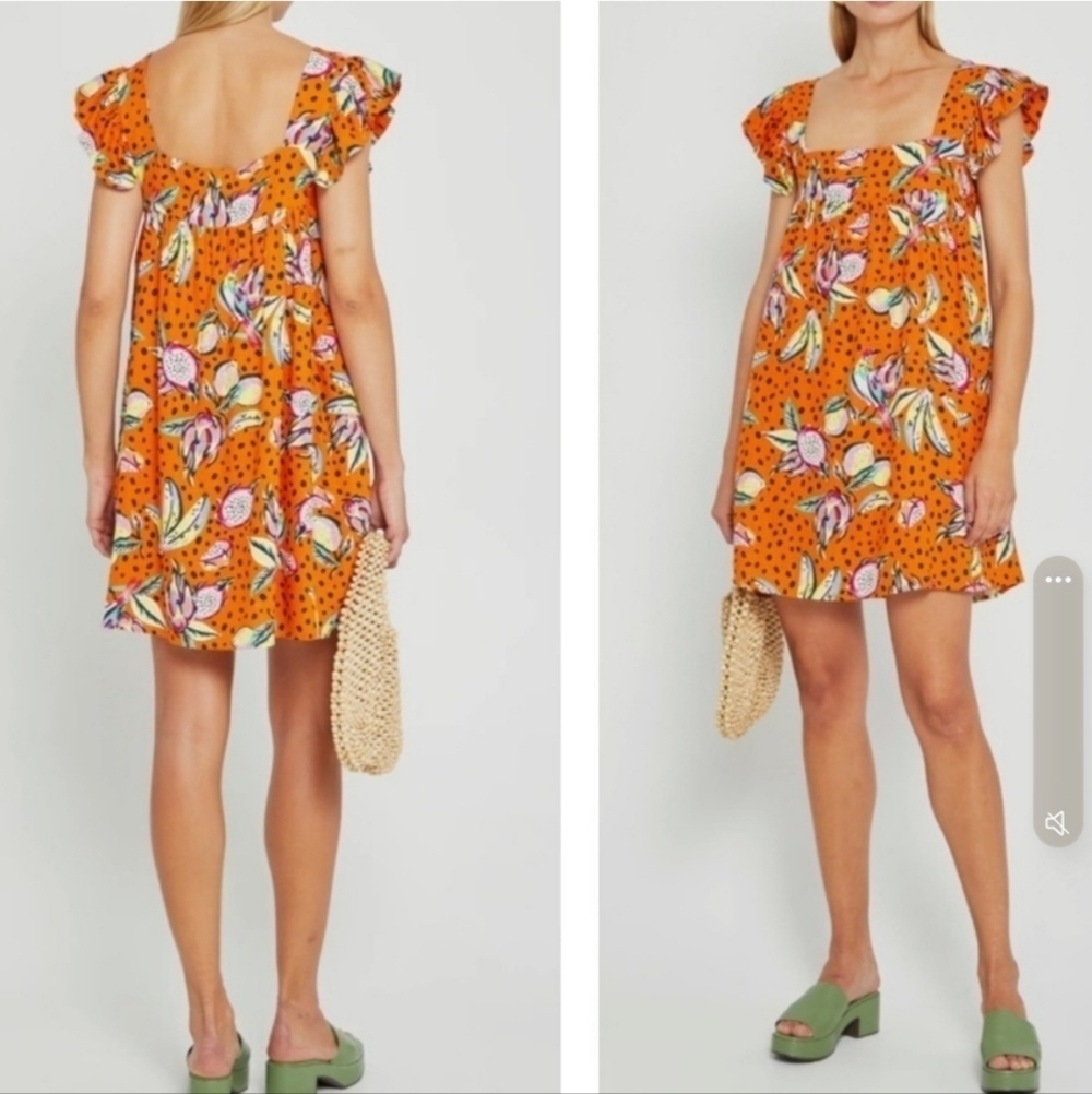 KOURT Vibrant Orange Fruit Print Mini Dress Size